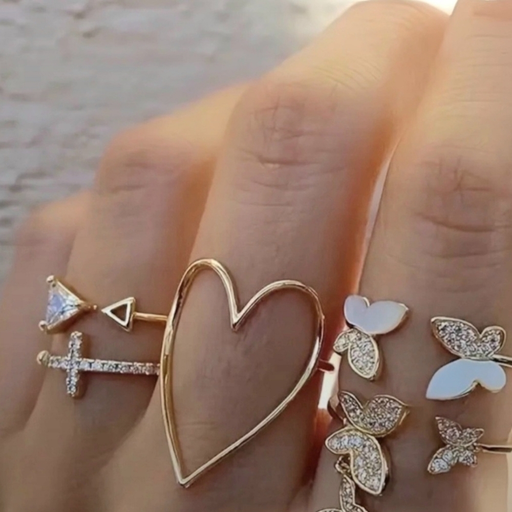 Gold and Silver Heart and Butterfly Ring Set